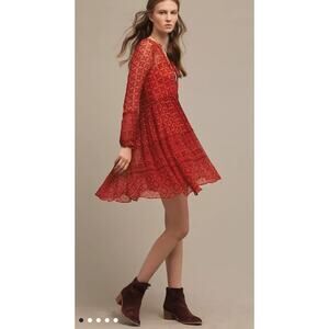 Maeve Anthropologie Canna Swing  Dress Aztec Red Sheer Orange Red Size 0